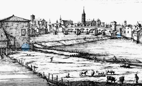 Engraving of the mills of the Bazacle on the Garonne at Toulouse