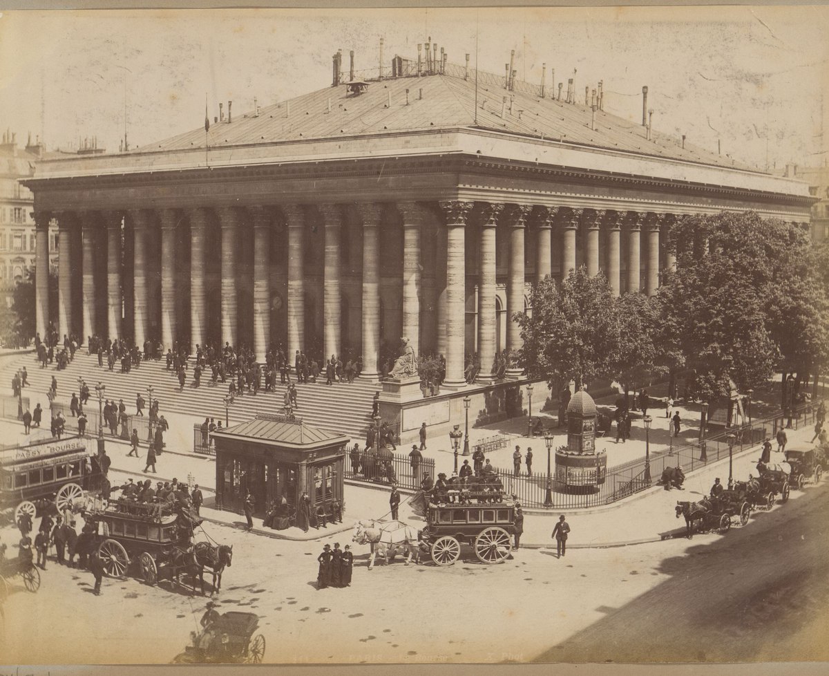 The Palais Brongniart, the Paris stock exchange, its steps crowded with brokers, around 1890