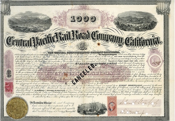 An ornate 1867 Central Pacific Railroad $1,000 gold bond certificate