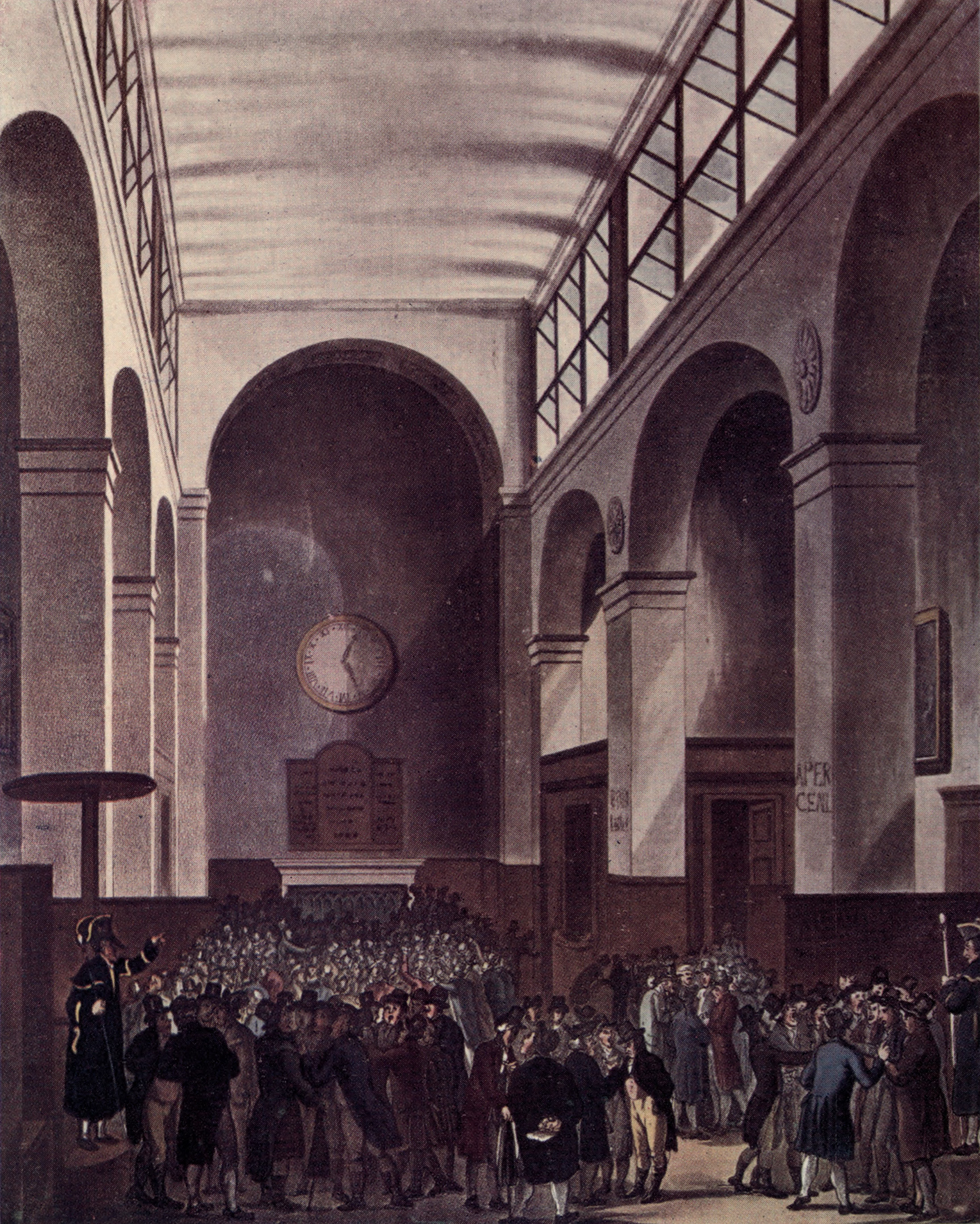 The crowded trading floor of the London Stock Exchange, Capel Court, 1809