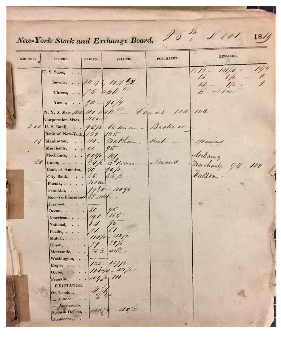 New-York Stock and Exchange Board sales sheet, 1819