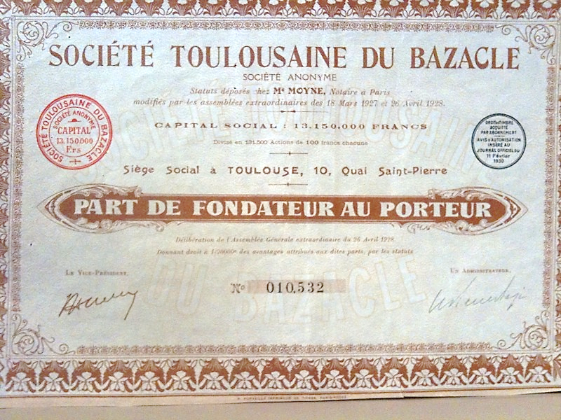 Bazacle founder's share certificate